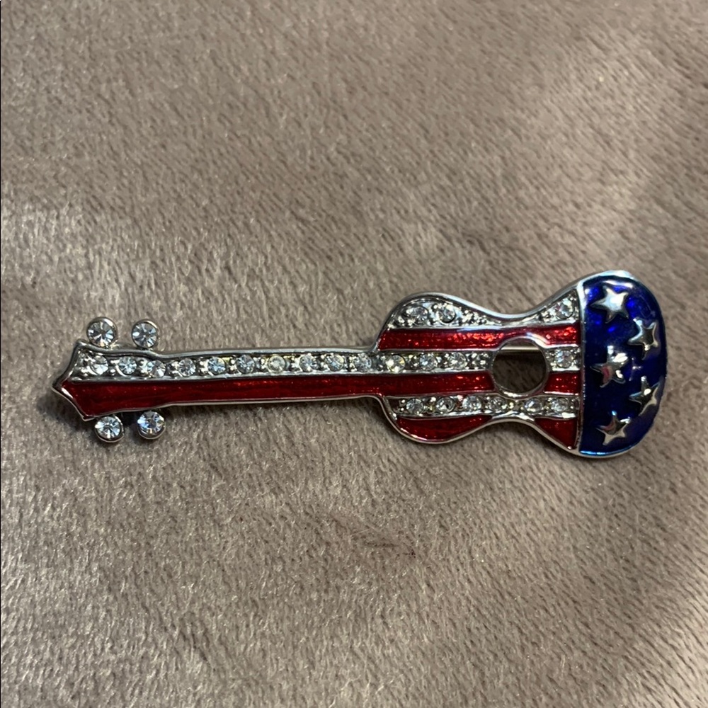 Patriotic Guitar Brooch with Crystals